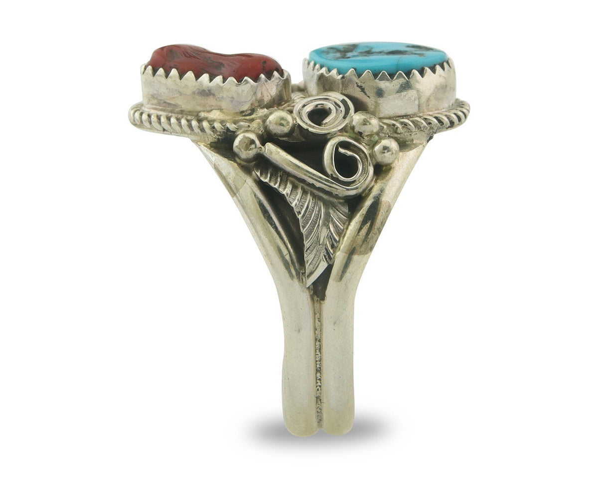 Men Navajo Ring 925 Sterling Natural Coral & Turquoise Signed JM C.80's Sz 12.25