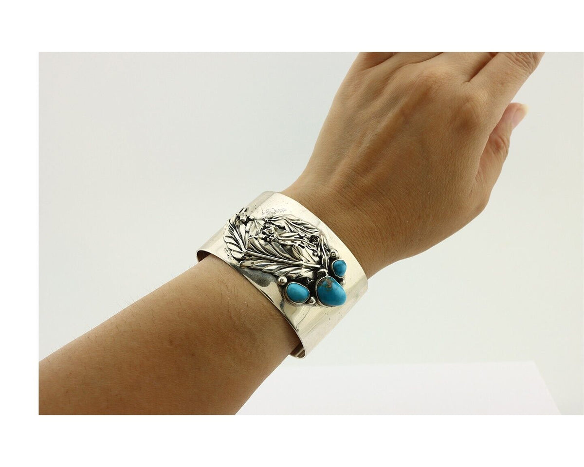 Navajo Bracelet 925 Silver Natural Blue Turquoise Signed David Zachary C.80's