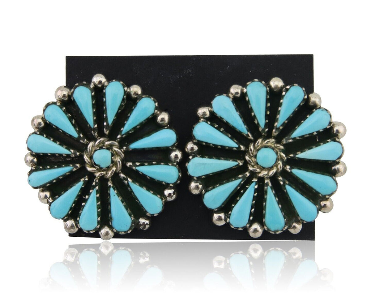 Navajo Petit Point Earrings 925 Silver Turquoise Signed Benson Yazzie C.80's