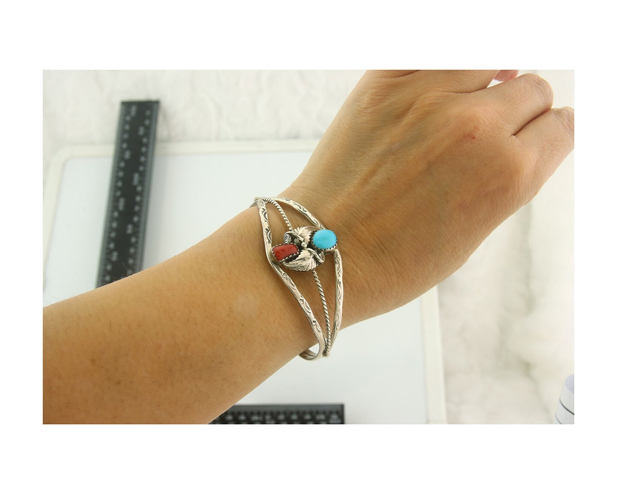 Navajo Bracelet 925 Silver Coral & Turquoise Cuff Signed Running Bear C.80's