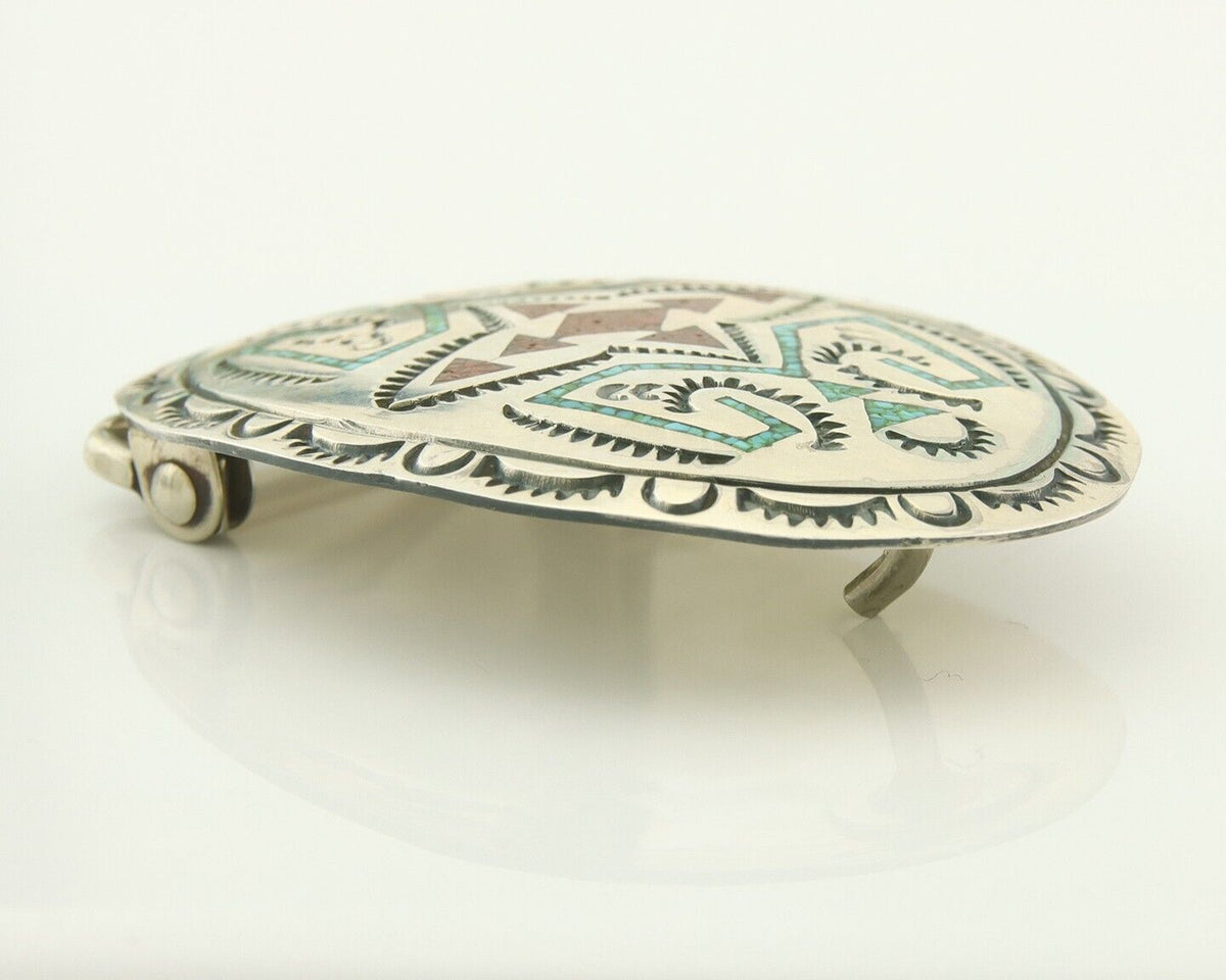 Vintage Navajo Belt Buckle 925 Silver Inlaid Gemstone Signed Stanley Bain C.80's
