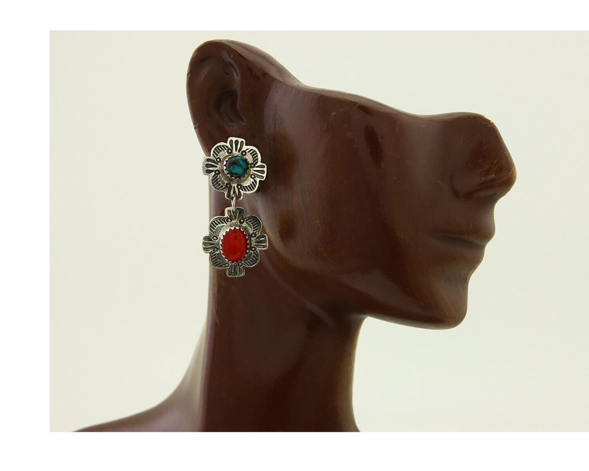 Navajo Earrings 925 Silver Turquoise & Coral Artist Signed Mary Ellen C.80's