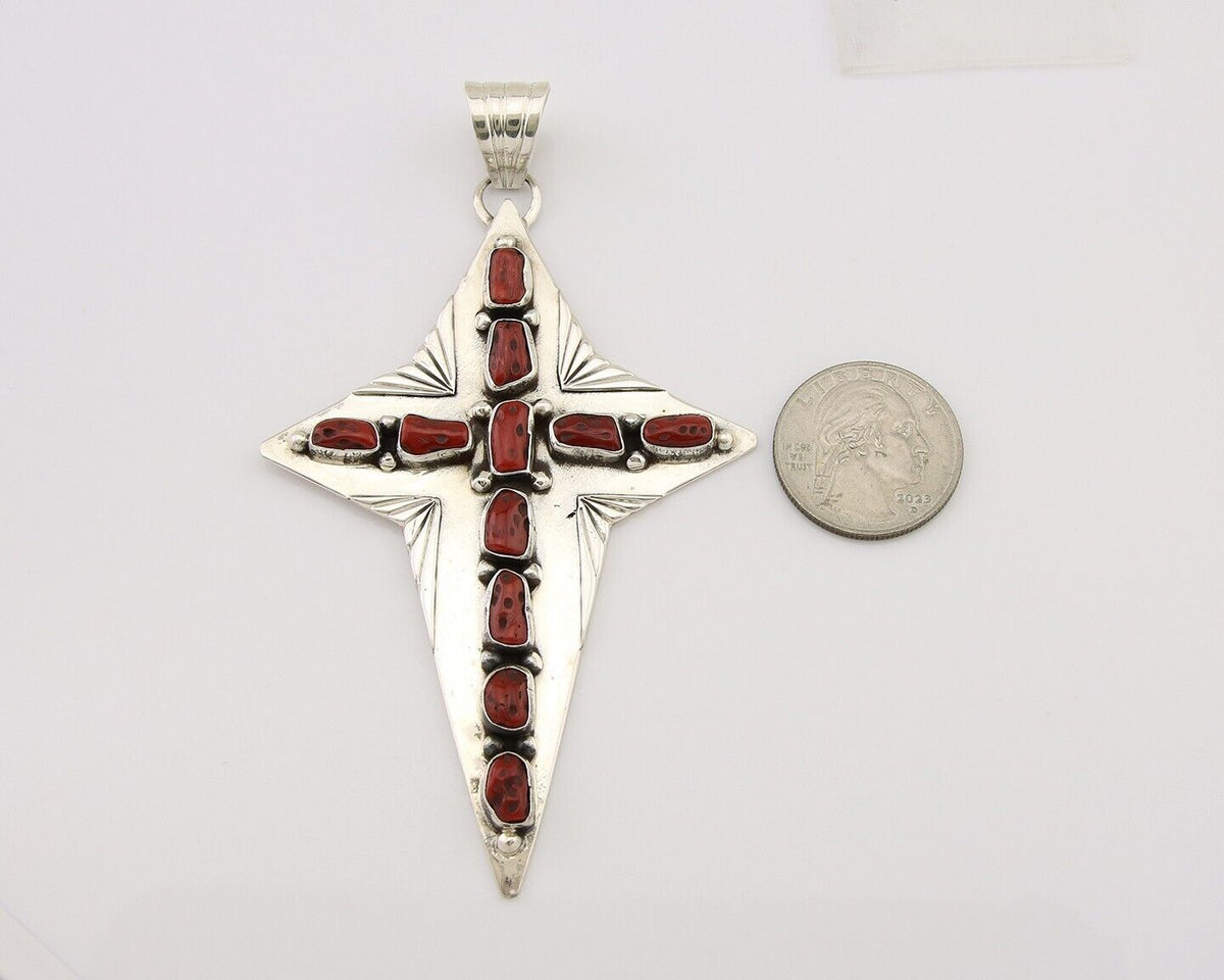 Large Navajo Cross Pendant 925 Silver Mediterranean Coral Artist Signed RD C.80s