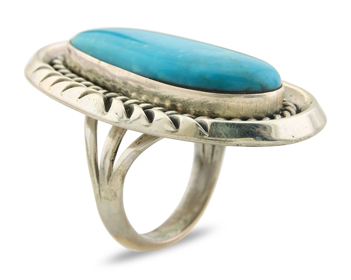 Navajo Ring 925 Sterling Natural Blue Turquoise Signed Ben S C.80's Size 9.0