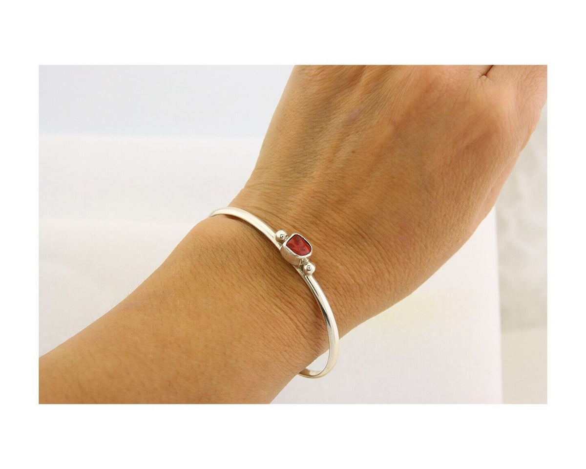 Navajo Bracelet .925 Silver Natural Red Coral Cuff Native American Artist C.80's