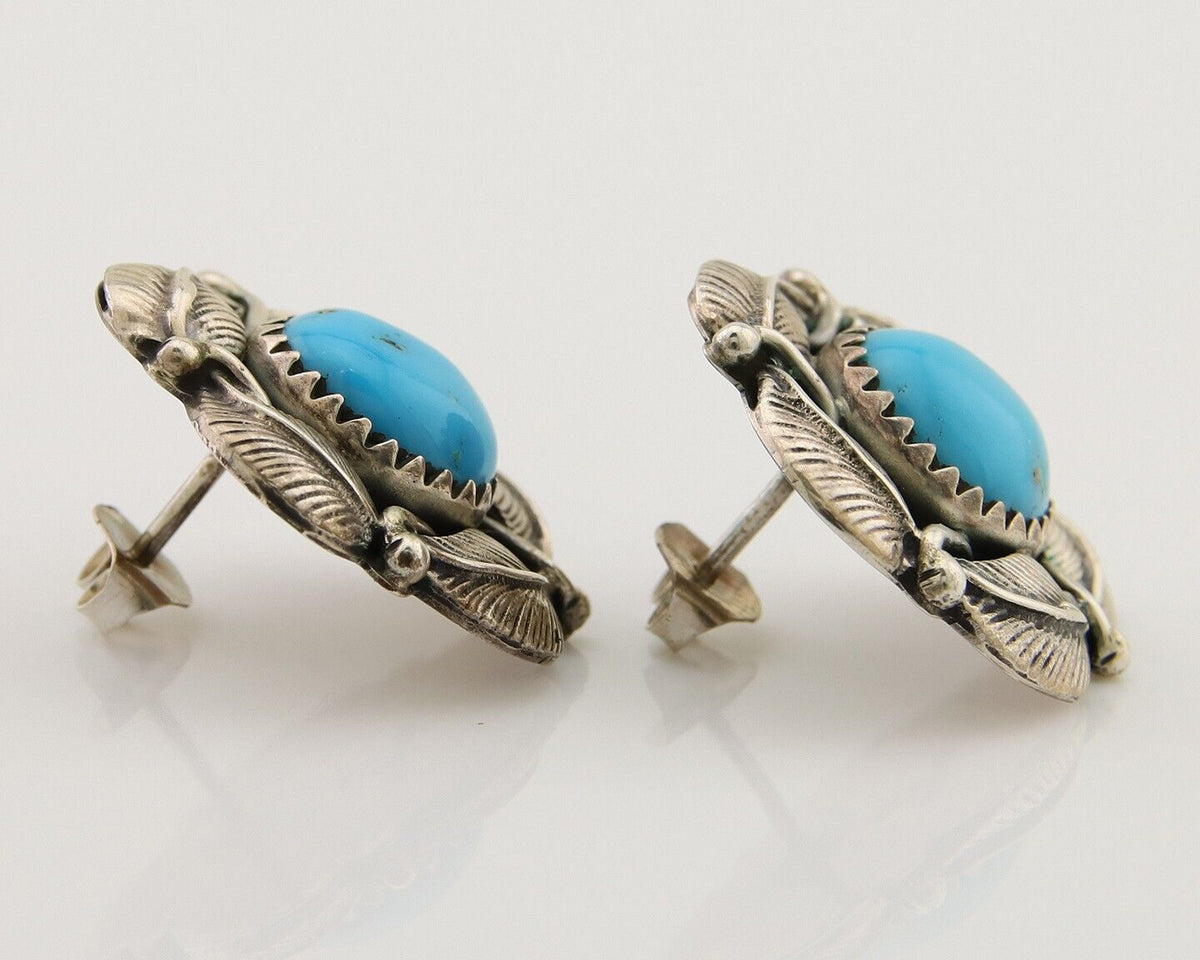 Navajo Earrings 925 Silver Inlaid Natural Turquoise Artist Signed G C.80s