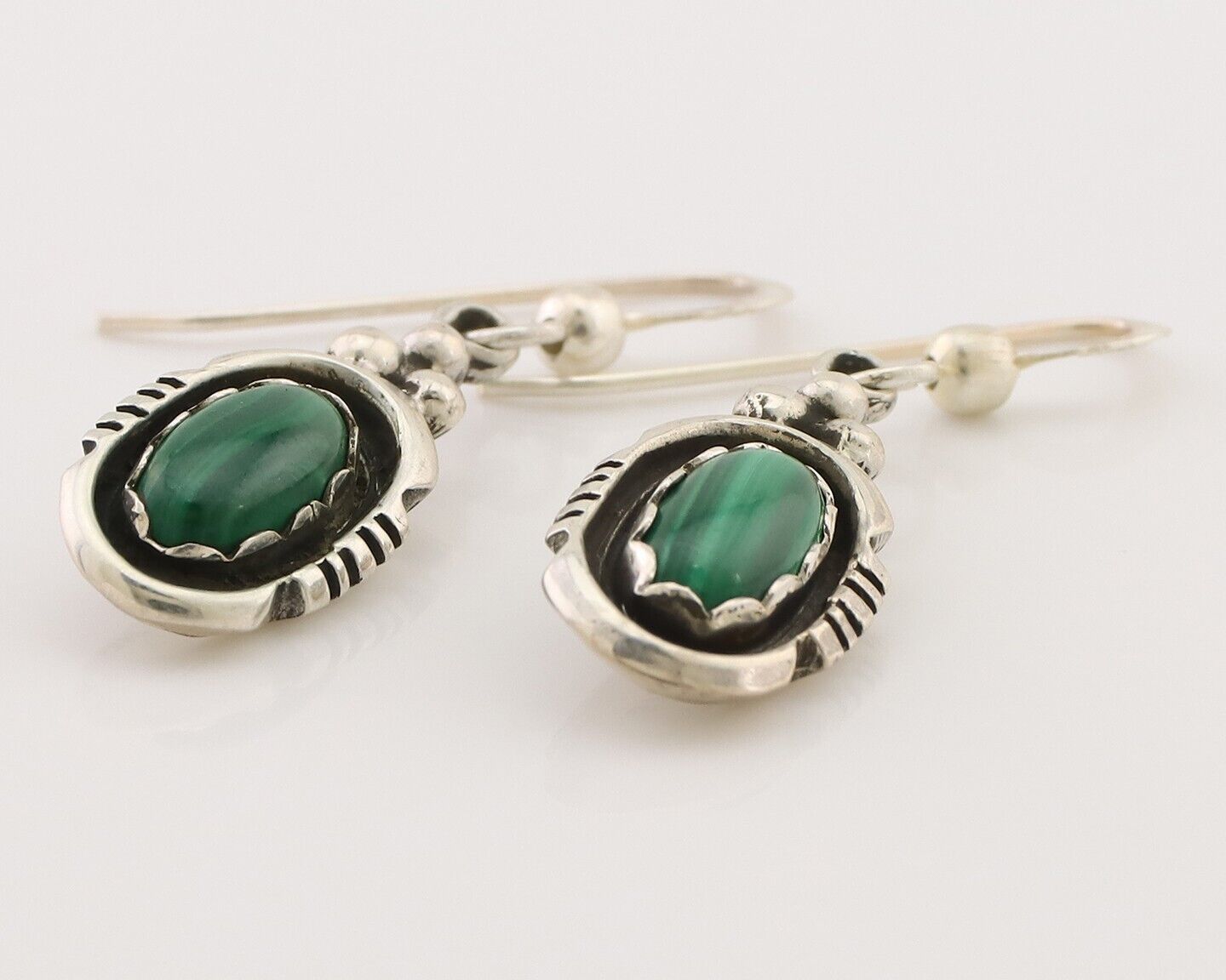Navajo Dangle Earrings 925 Silver Natural Malachite Native American Artist C.80s