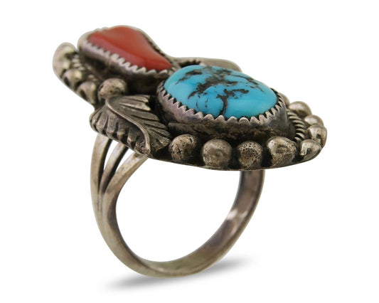 Navajo Ring 925 Sterling Silver Natural Coral & Turquoise Signed SC C.80's