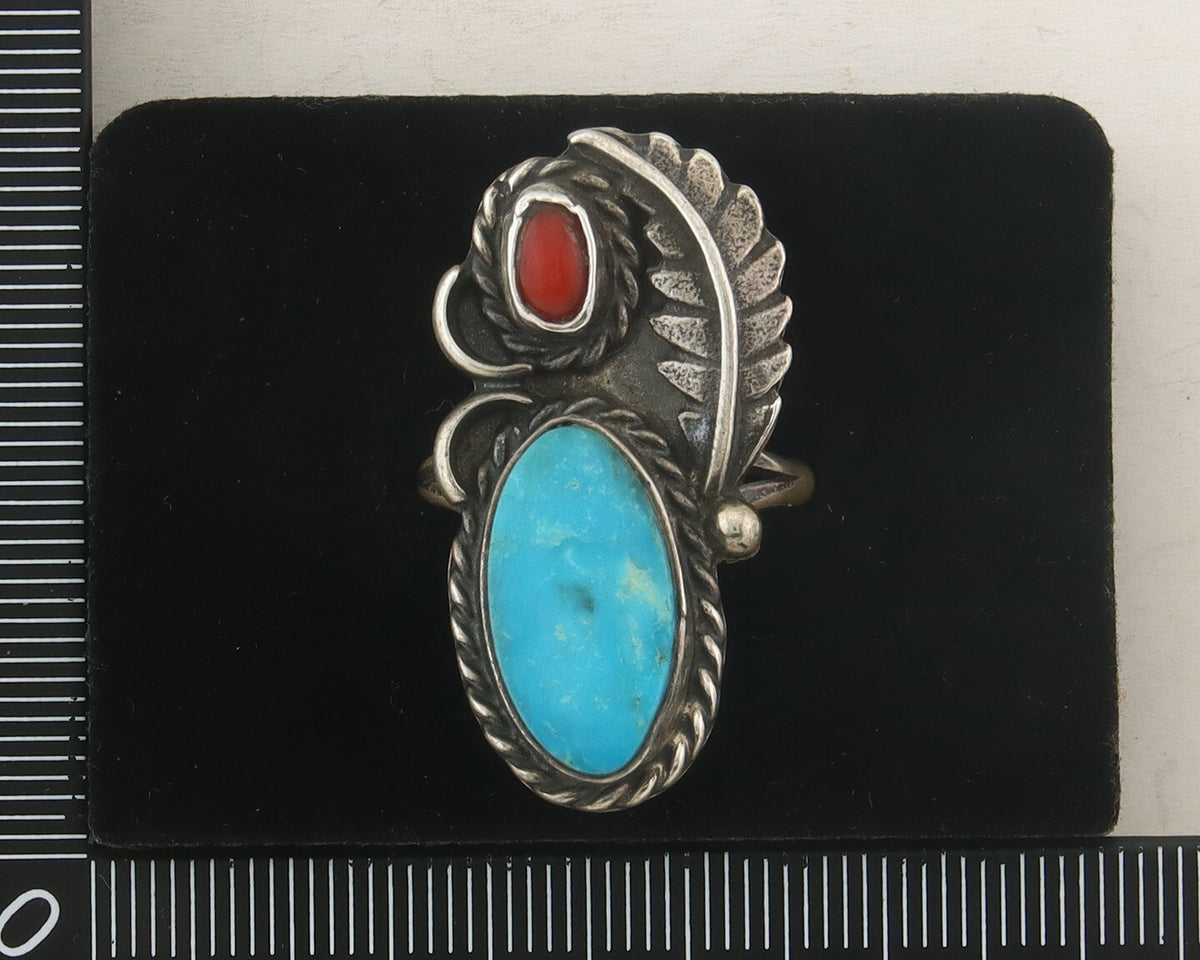 Navajo Ring 925 Sterling Natural Coral & Turquoise Native Artist C.80's Sz 7.25