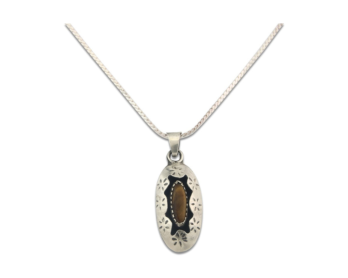 Navajo Sterling Silver Necklace Authentic Tiger Eye Sapphire Vintage Handmade