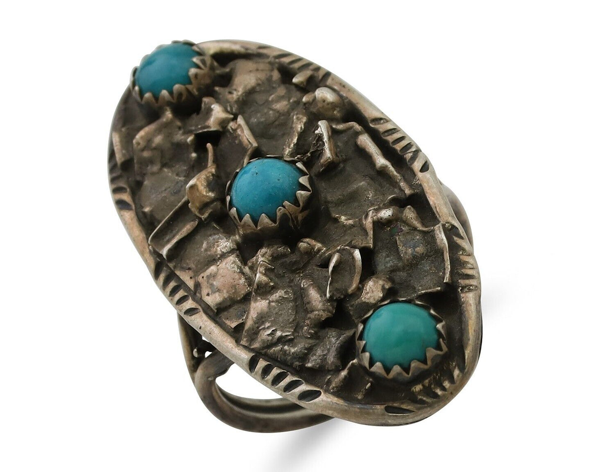 Vintage Navajo Ring 925 Silver Natural Turquoise Signed Number 3 Size 6.5 C.80's