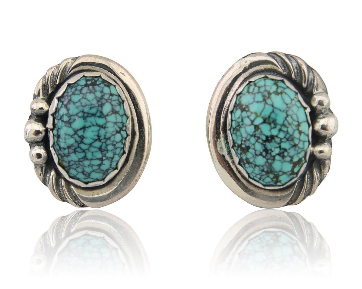 Navajo Earrings 925 Blue Spiderweb Turquoise Native American Artist C.80's
