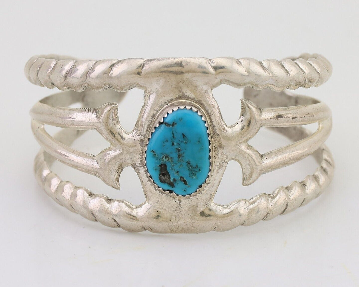 Navajo Sand Cast Cuff Bracelet 925 Silver Natural Turquoise Native Artist C.80's