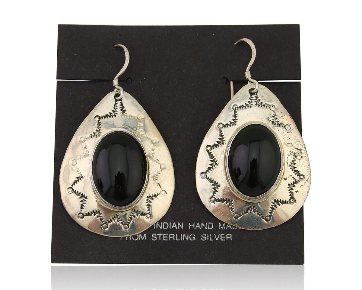 Navajo Handmade Earrings 925 Silver Onyx Artist Douglas Etsitty C.80's