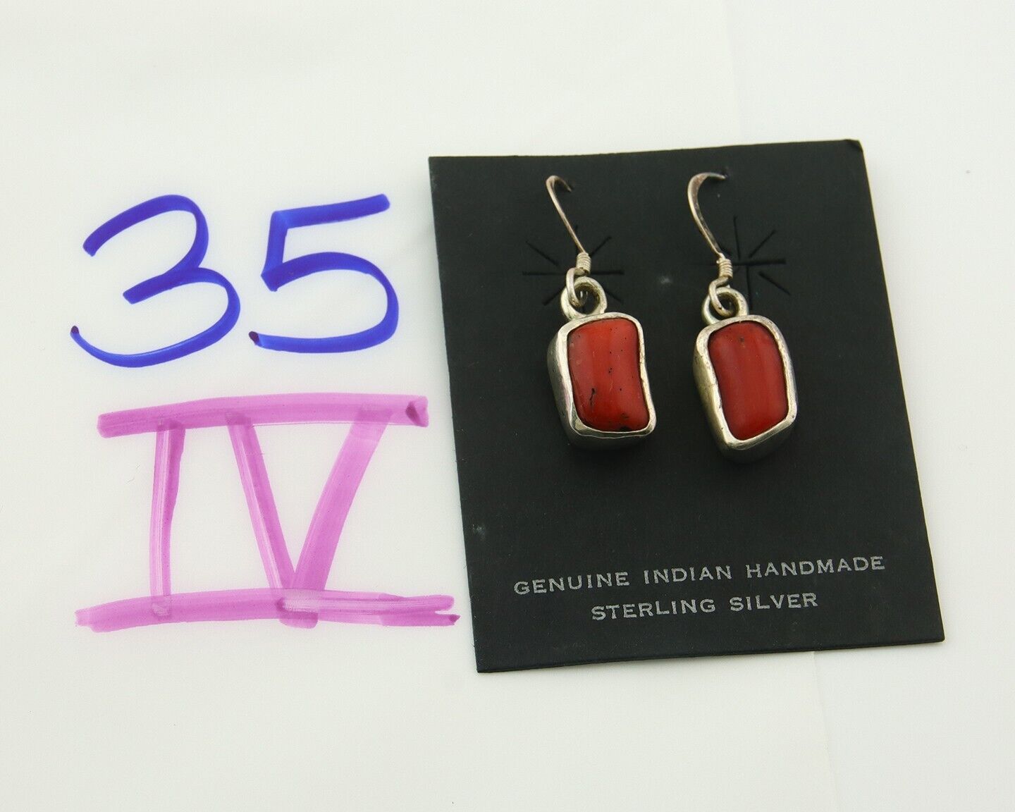 Navajo Dangle Earrings 925 Silver Natural Inlaid Coral Native American C.80's