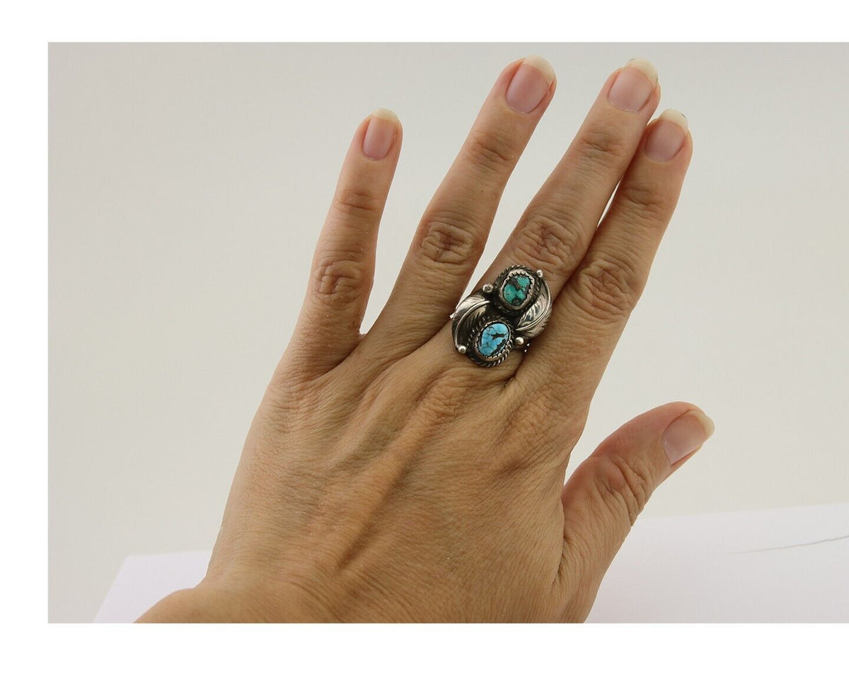 Navajo Ring 925 Silver Natural Blue Green Turquoise Signed MC C.80's