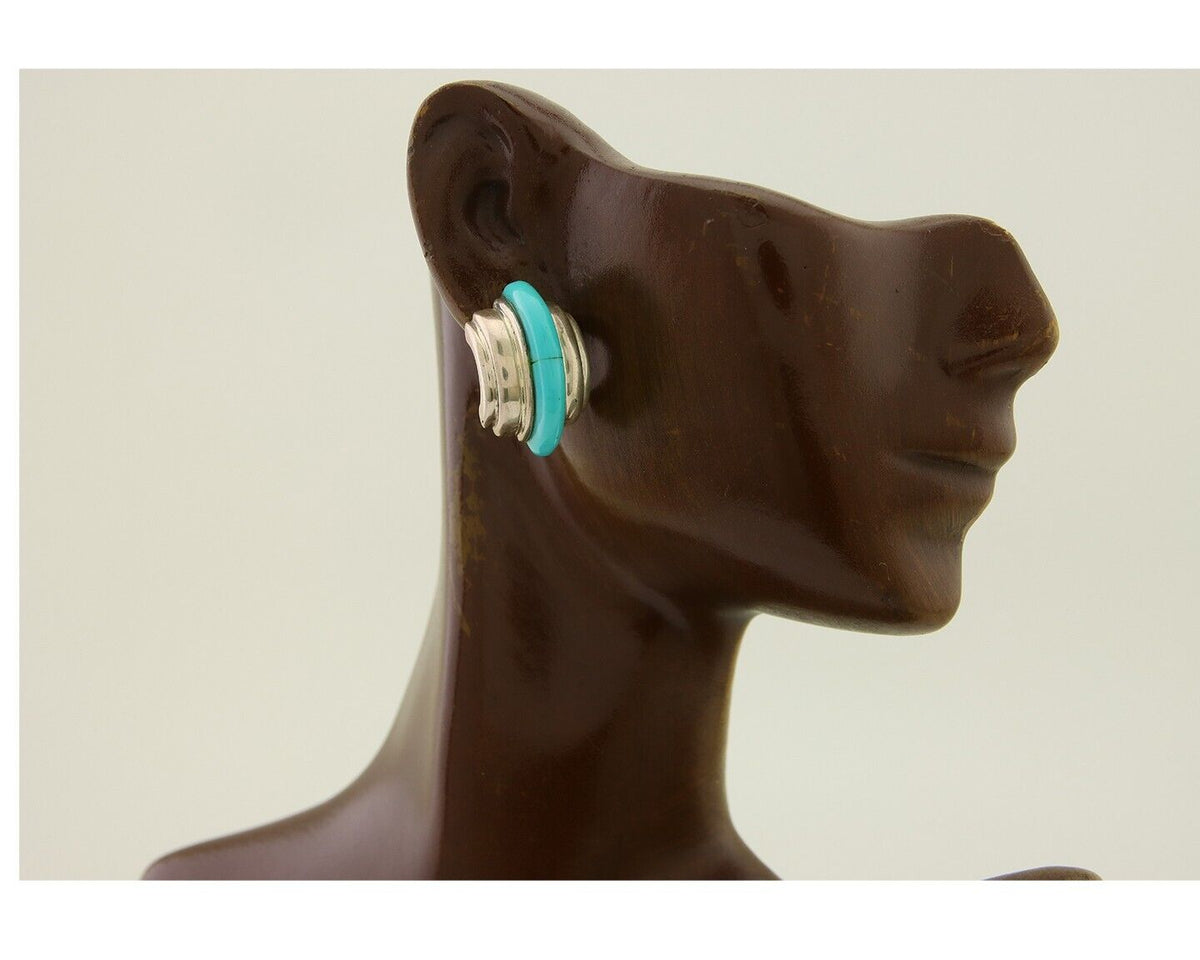 Navajo Half Hoop Earrings 925 Silver Natural Turquoise Artist Signed ShaRay C80s