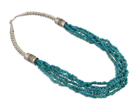 Navajo 5 Strand Necklace 925 Silver Blue Gem Turquoise Native Artist C.80's