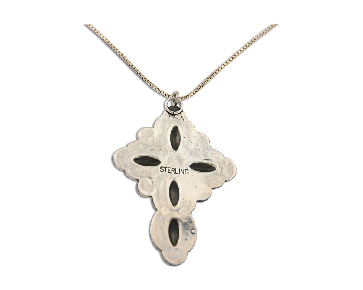 Navajo Cross Hand Stamped Necklace 925 Silver Natural Turquoise Artist JRS C.80s