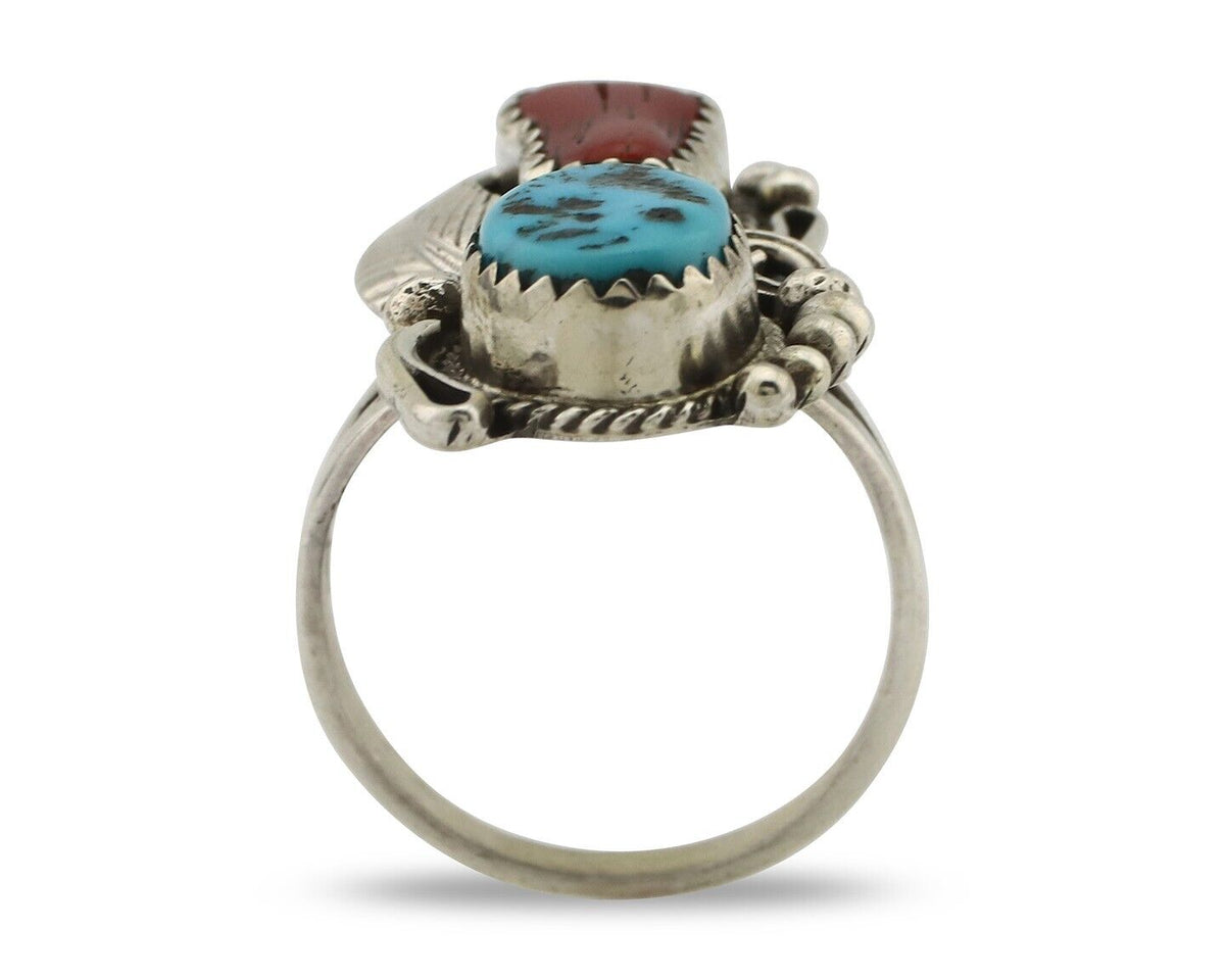 Navajo Ring .925 Silver Turquoise & Coral Artist Signed Justin Morris C.80's