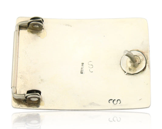 Navajo Belt Buckle 925 Sterling Silver Turquoise Coral Signed Stanley Bains C80s