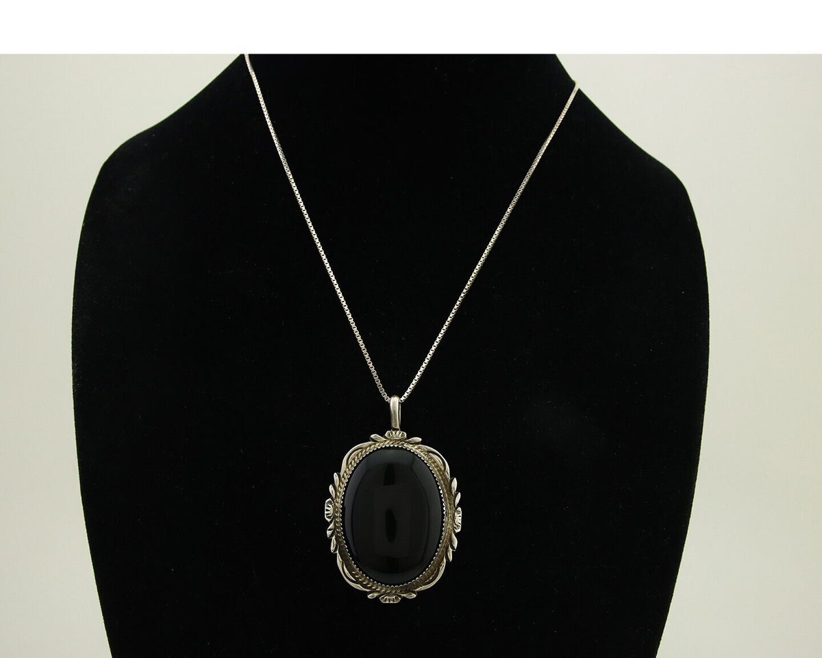 Navajo Pendant 925 Silver Natural Onyx Artist Signed TALHAT C.80's