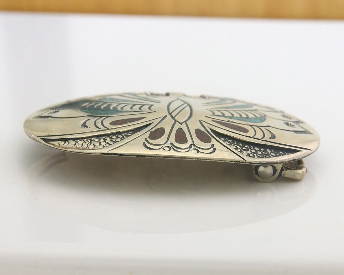 Navajo Belt Buckle .999 Nickel Buffalo Gemstone Signed Chee Keams C.80s