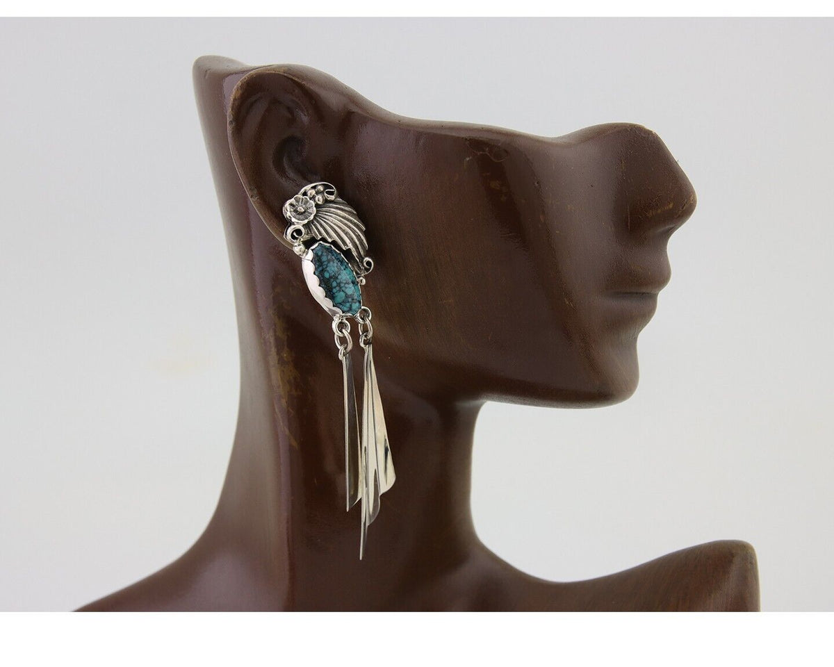 Navajo Dangle Earrings 925 Silver Natural Blue Turquoise Artist Signed M.S. C80s