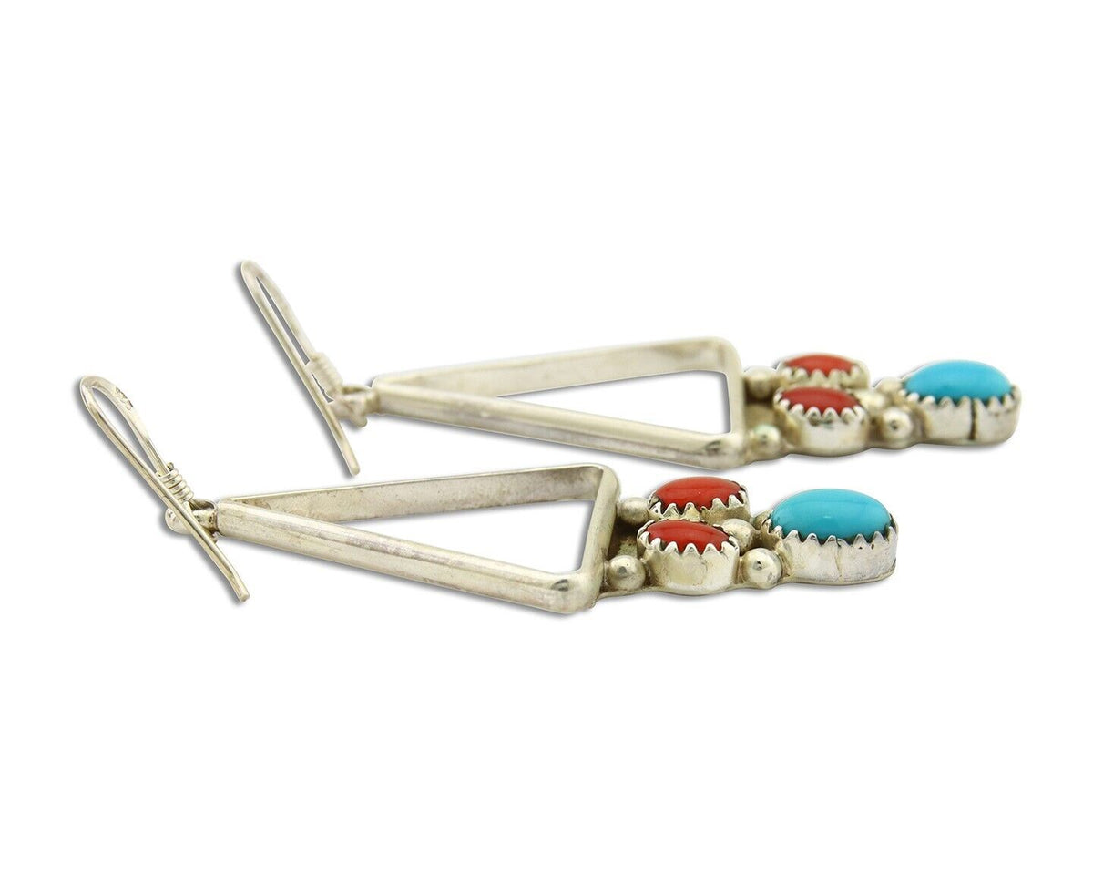 Navajo Earrings 925 Silver Turquoise & Coral Native American Artist C.80's