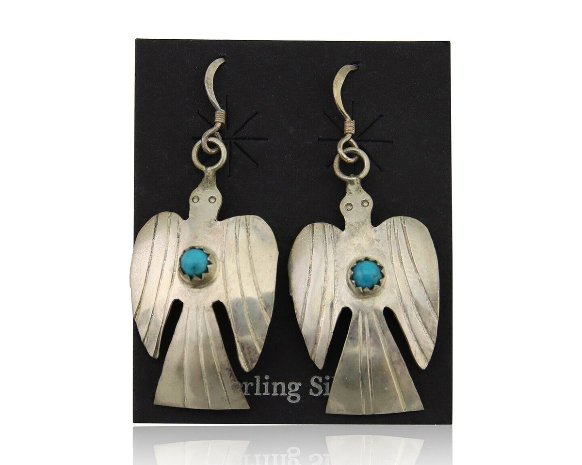 Navajo Thunderbird Earrings 925 Silver Natural Turquoise Native Artist C.80's