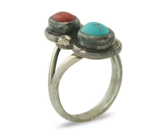 Vintage Navajo Ring 925 Sterling Natural Coral & Turquoise Native Artist Sz 6.0