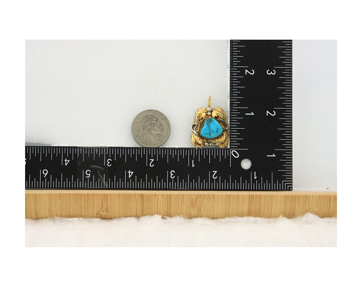 Navajo Pendant Sterling Silver & Gold Natural Blue Turquoise Signed Virgnina C