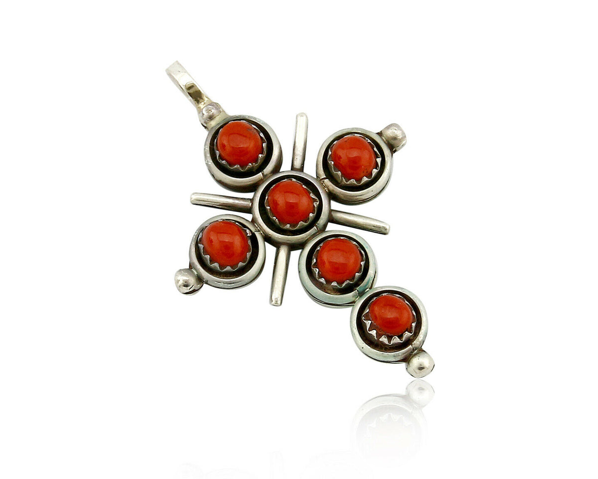 Zuni Natural Turquoise and Coral Reversible 925 Silver Handmade Pendant
