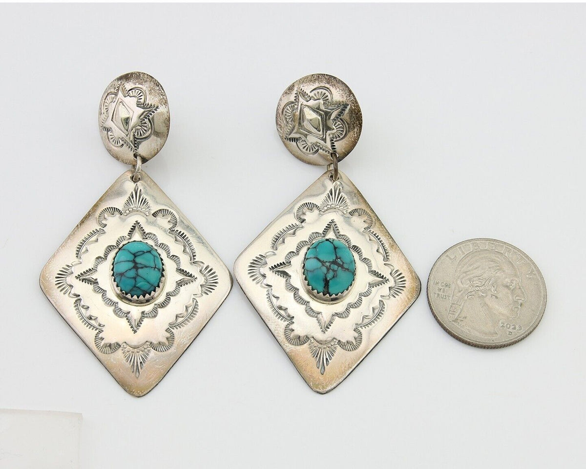 Navajo Dangle Earrings 925 Silver Natural Blue Turquoise Artist Signed LS C.80's