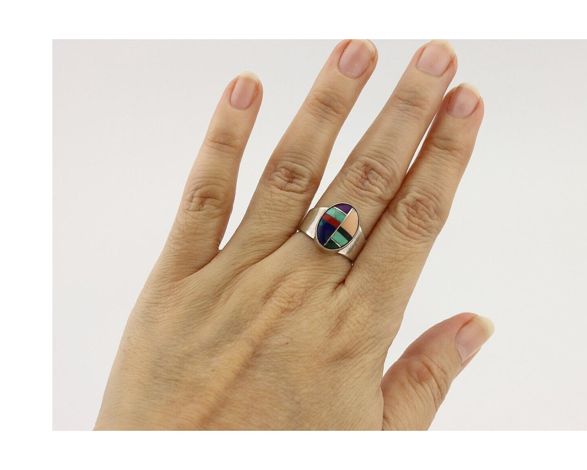 Zuni Inlaid Ring 925 Silver Mixed Natural Gemstones Native American Artist C.80s