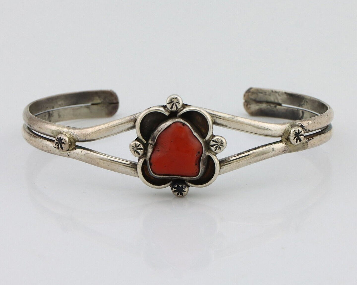 Navajo Bracelet 925 Silver Natural Red Coral Native American Artist C.80's