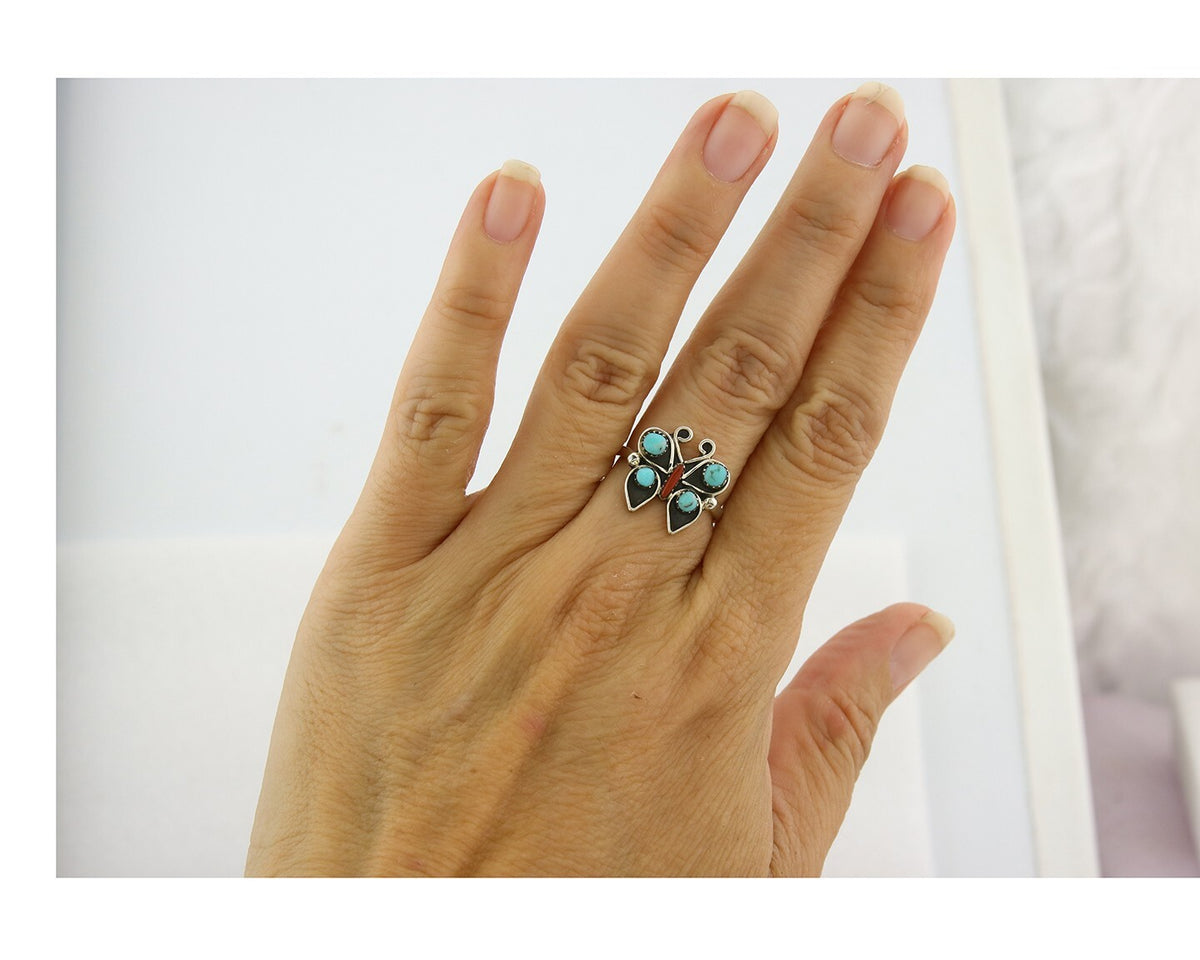 Navajo Butterfly Ring Sterling Silver Authentic Turquoise & Coral Size 6.25