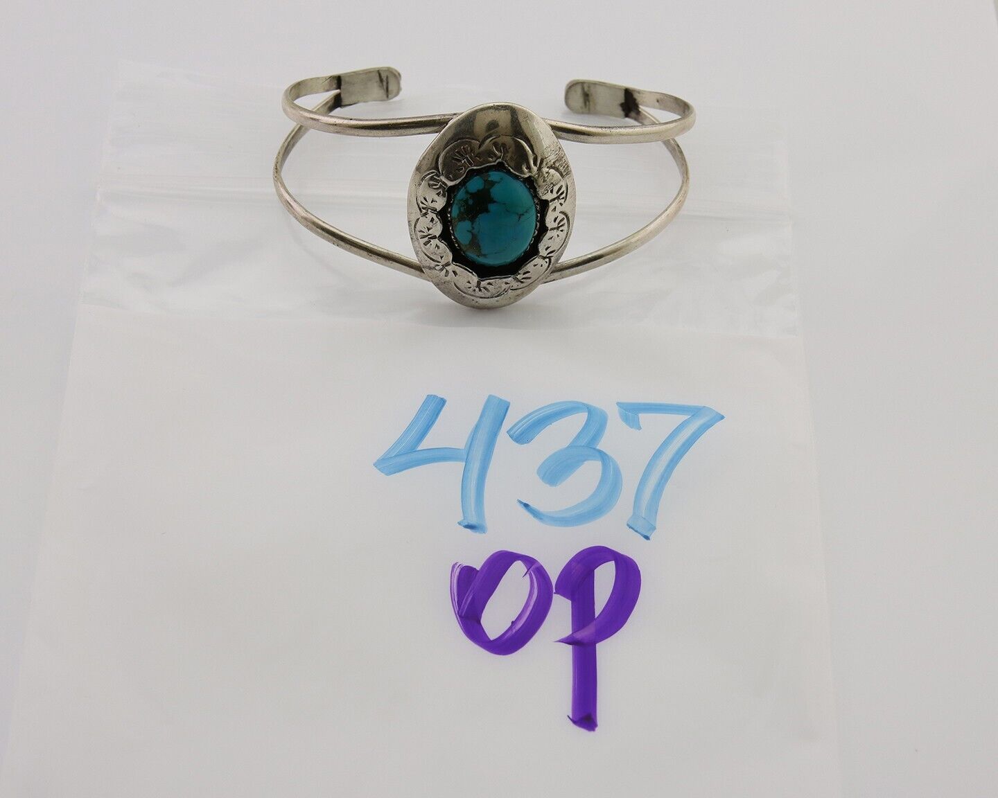 Navajo Hand Stamped Cuff Bracelet Turquoise 925 Silver Native American Artist