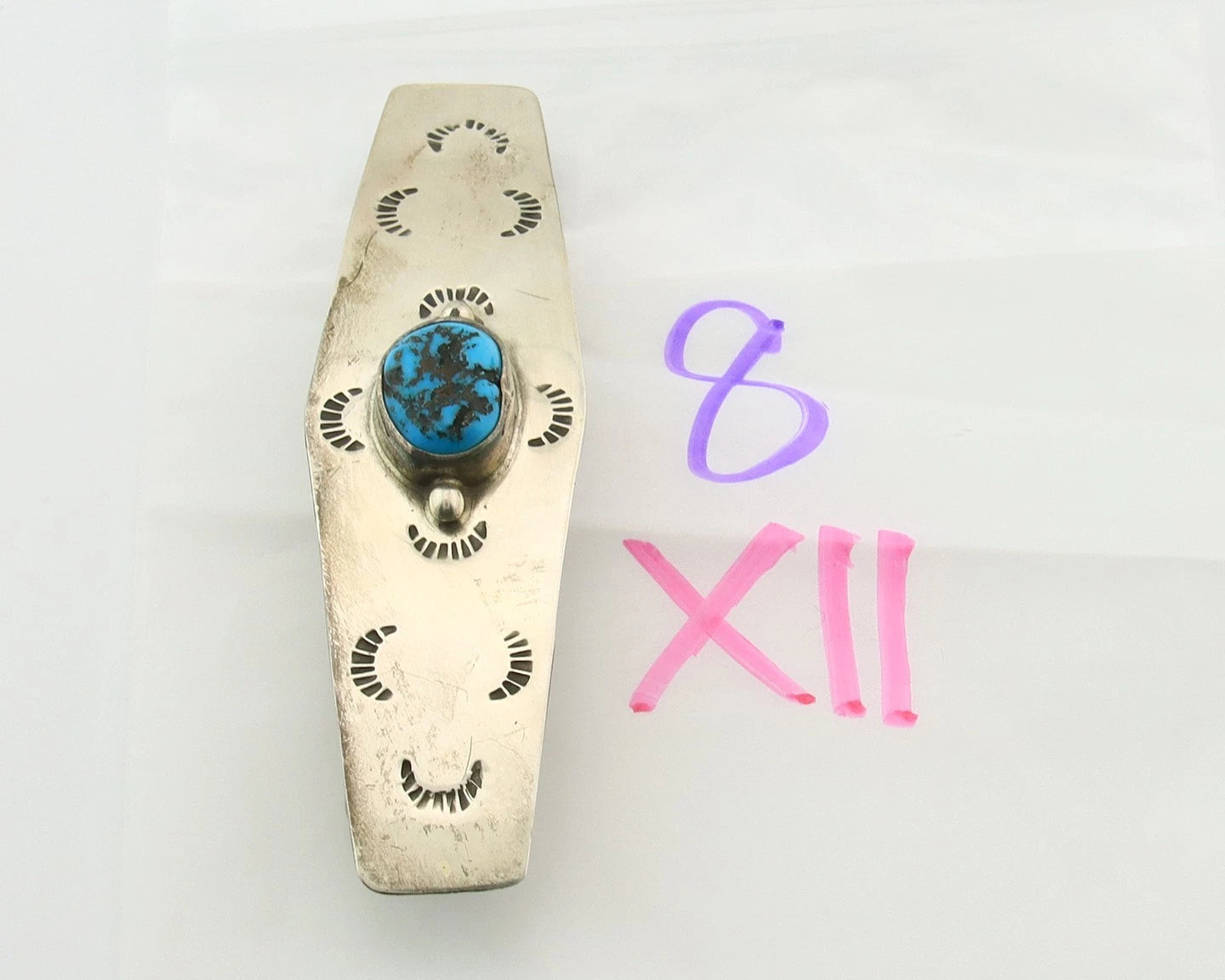 Navajo Barrette Sterling Silver Turquoise Hand Stamped Vintage Native Artist