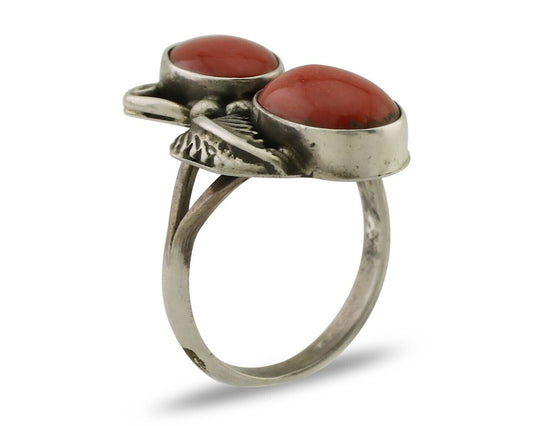 Navajo Ring 925 Silver Natural Mediterranean Coral Artist Signed A C.80's