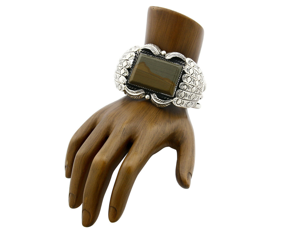 Navajo Bracelet .925 Silver Natural Petrified Wood Native American C.70's