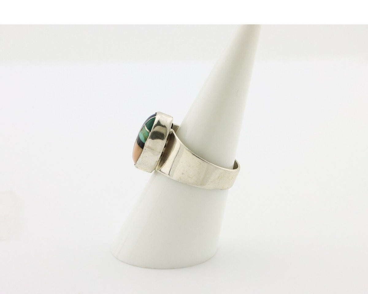 Zuni Inlaid Ring 925 Silver Mixed Natural Gemstones Native American Artist C.80s