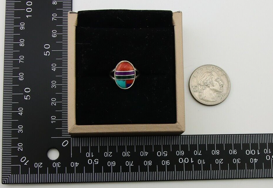 Navajo Ring 925 Sterling Silver Natural Gemstones Artist Signed Sunrise C.80's