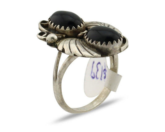 Navajo Ring 925 Silver Onyx Hand Stamped Artist Signed Tom Willeto C.80's