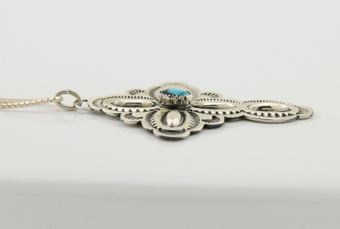 Navajo Cross Hand Stamped Necklace 925 Silver Turquoise Native Artist C.80's
