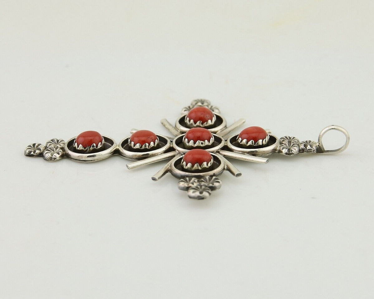 Zuni Cross Pendant 925 Silver Mediterranean Coral Artist Signed Lonasee C.80's