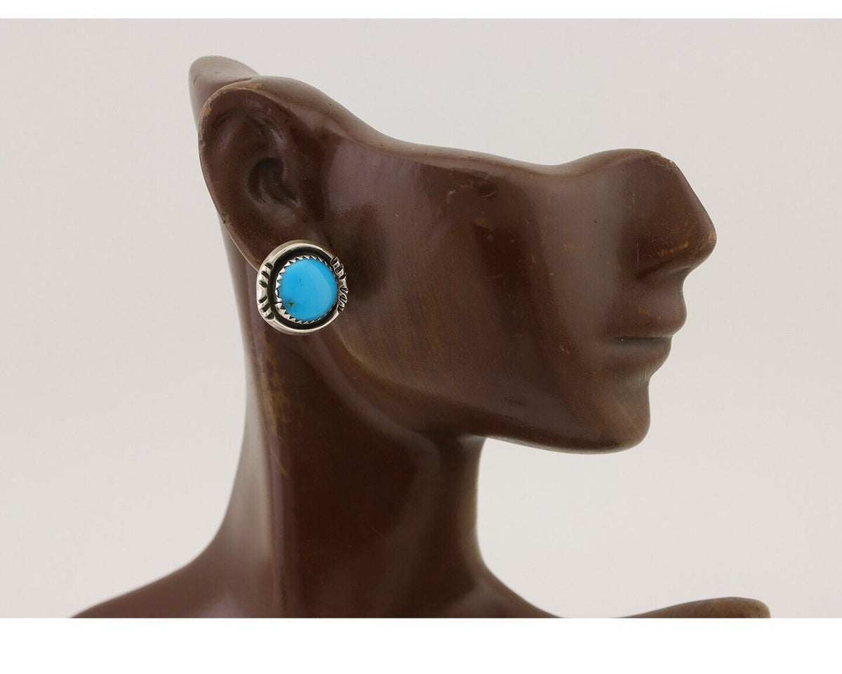 Navajo Earrings 925 Silver Natural Blue Turquoise Native American Artist C.80s