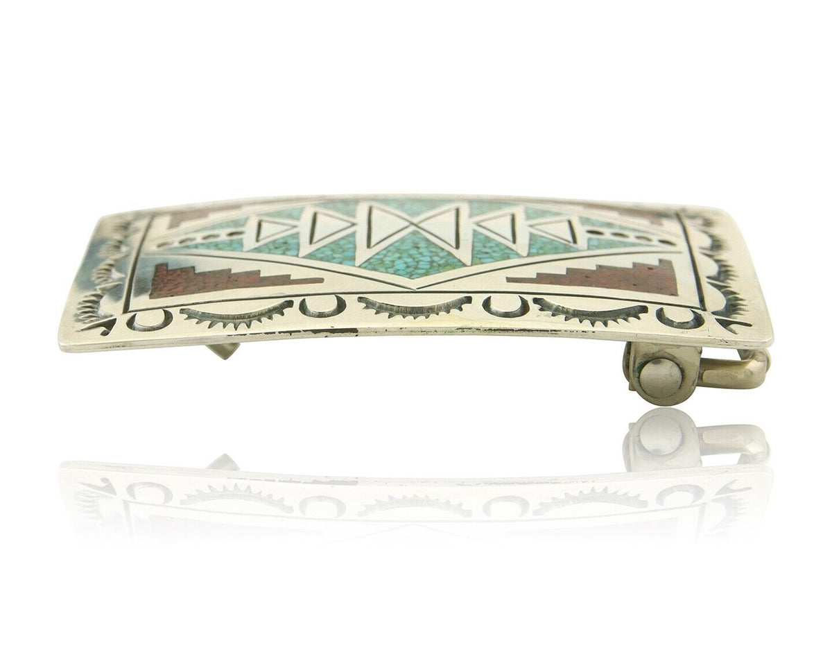 Vintage Navajo Belt Buckle 925 Silver Inlaid Gemstone Signed Stanley Bain C.80's