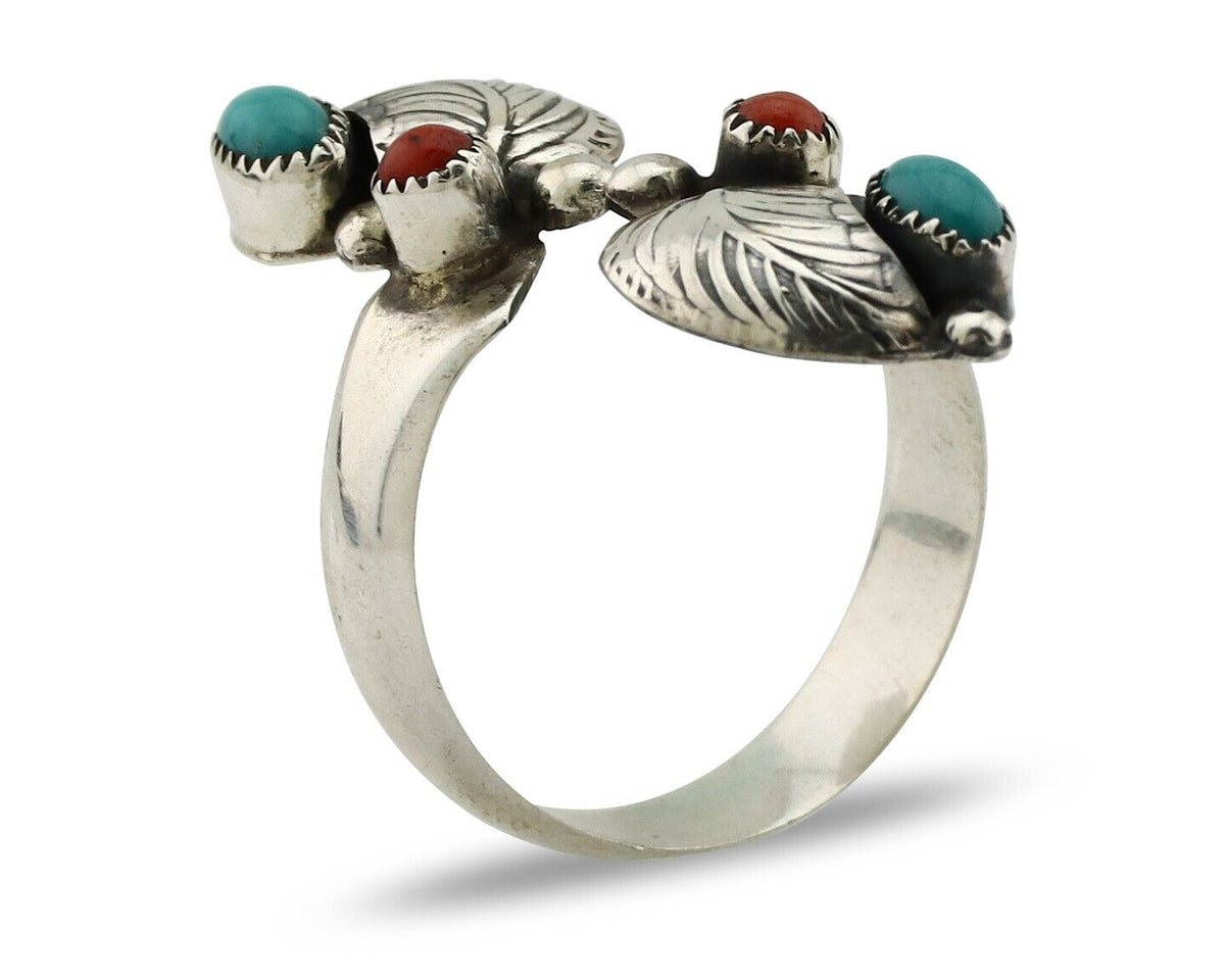 Navajo Adjustable Ring 925 Silver Turquiose & Coral Native Artist C.80's