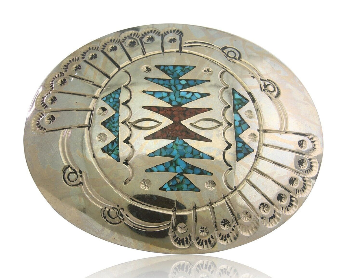 Navajo Belt Buckle .999 Nickel Buffalo Gemstone Signed Jimmie Nezzie 3x3.5in C80